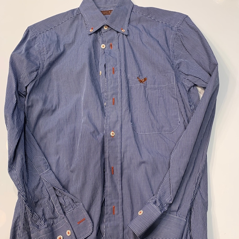 Men’s plains wear small navy button up dress shirt